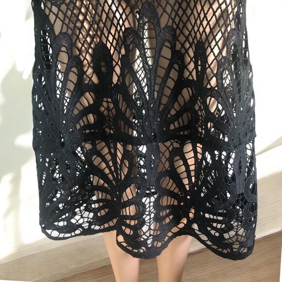 N By NANCY Intricate Open Lace Puff Sleeves Scalloped Hemline Black Dress Sz S - Picture 3 of 5